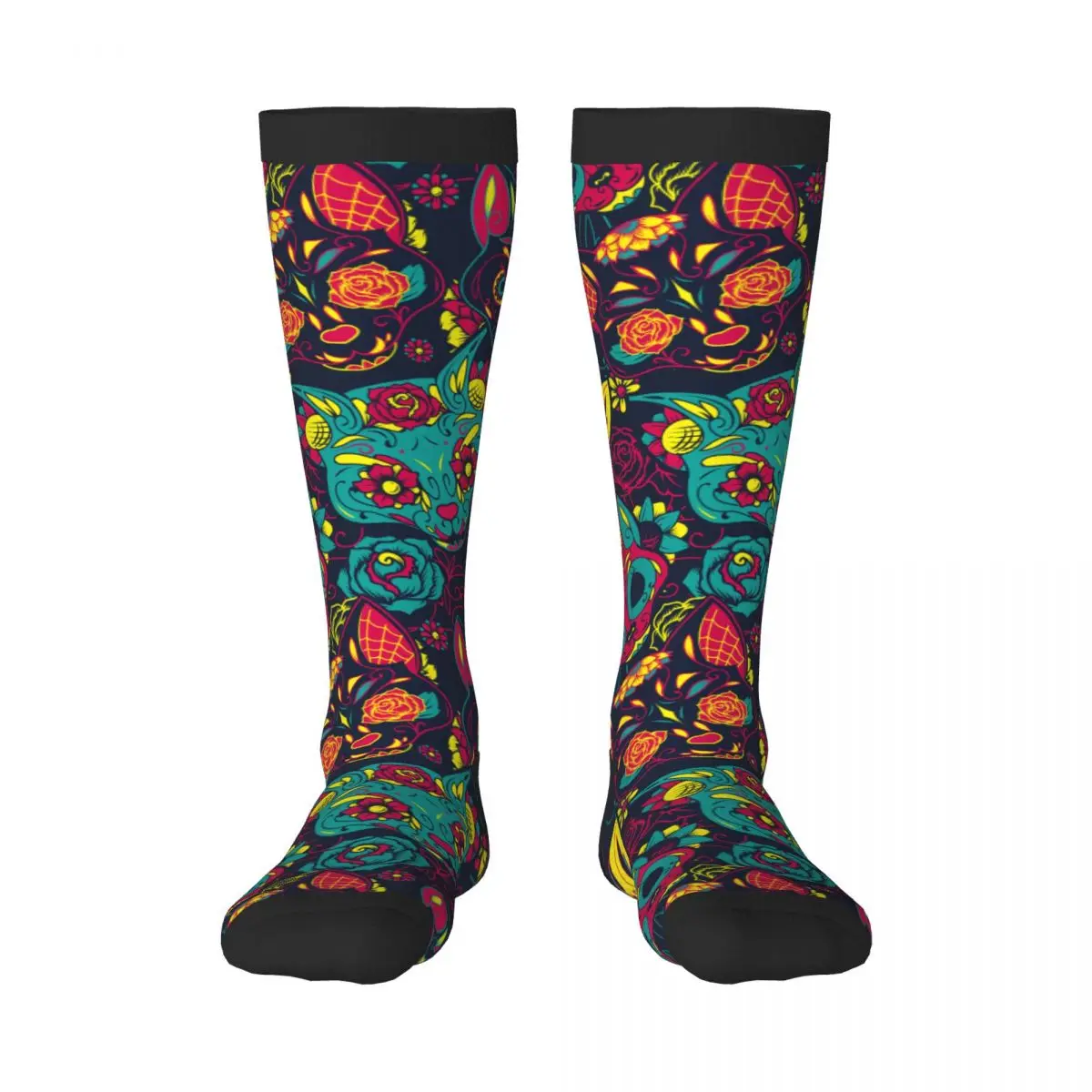 Spring/autumn over the knee socks Day Of The Dead Sugar Cat Skull With Floral school dance long stocking