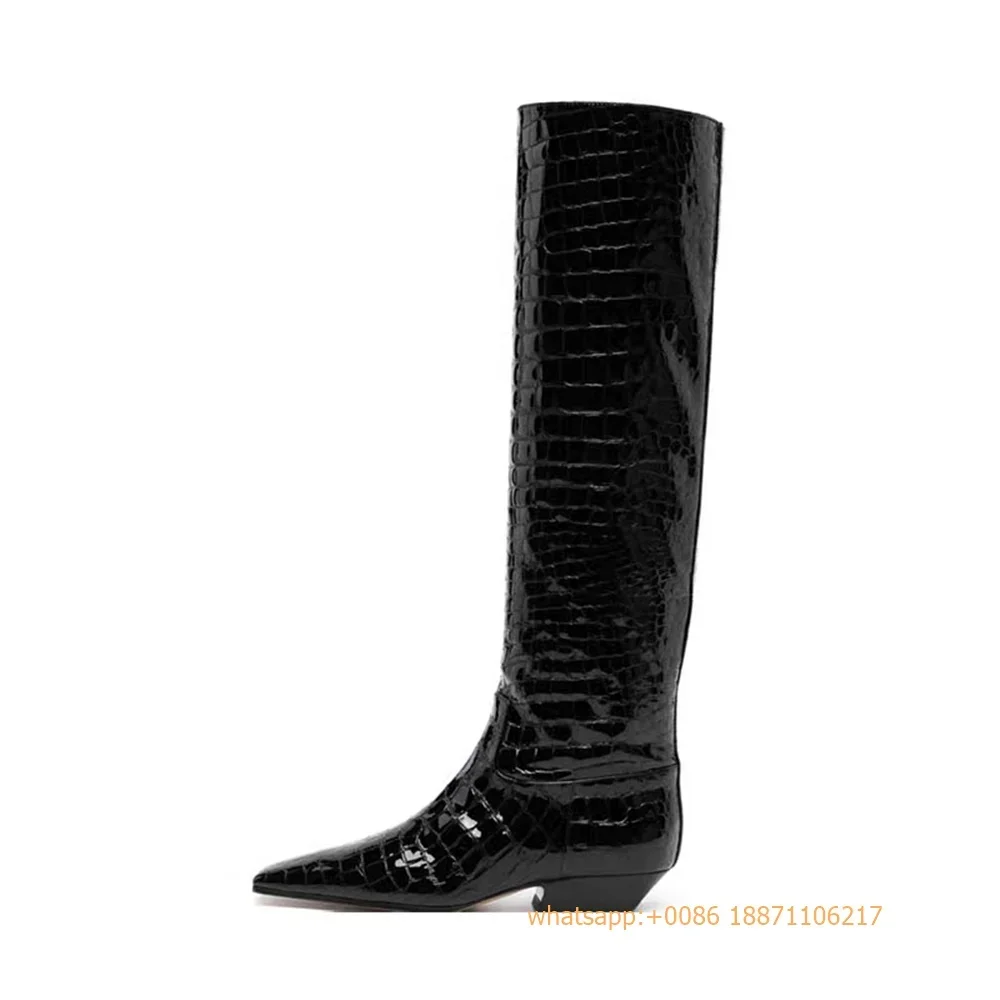 Crocodile Pattern Genuine Leather Ladies Boots 2024 New Pointed Party Knee-High Catwalk Model Boots Sexy Thick Heel Knight Boot