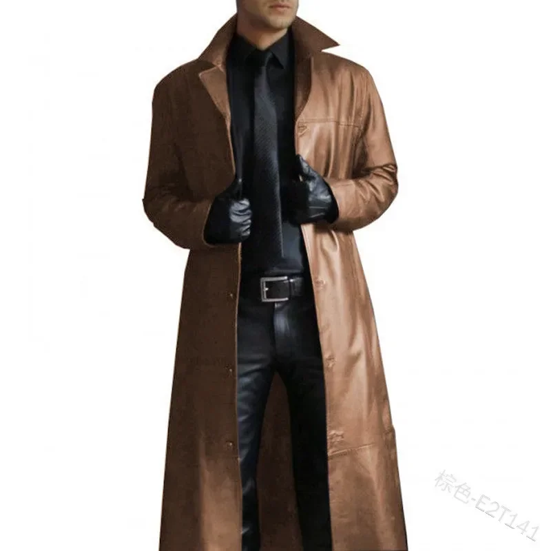 Plus Size Turn Neck Solid Long Leather Coat Casual Cool Men Motocycle Warm Jackets Men Winter Gothic Steampunk Long Trench Coat