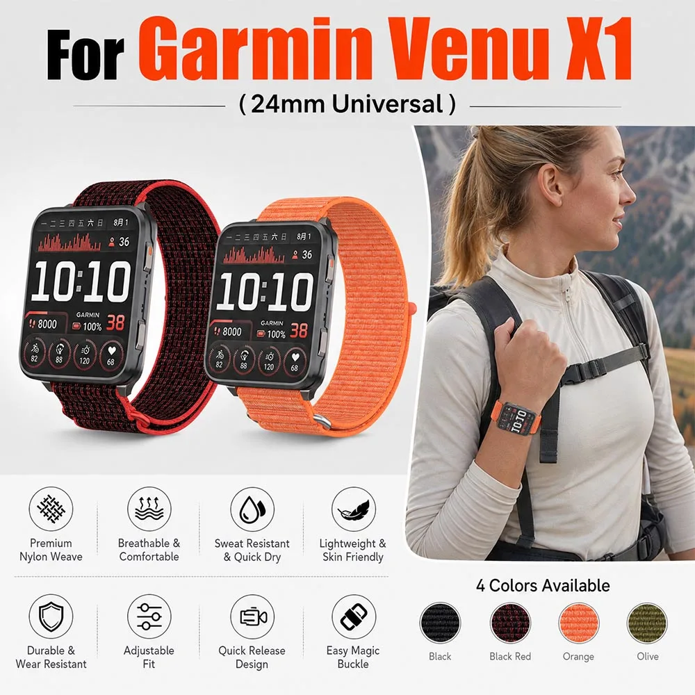 24mm Nylon Woven Replacement Strap for Garmin Venu X1 Band Outdoor Work Strap Sports Adjustable Loop for Garmin Venu X1 Bracelet