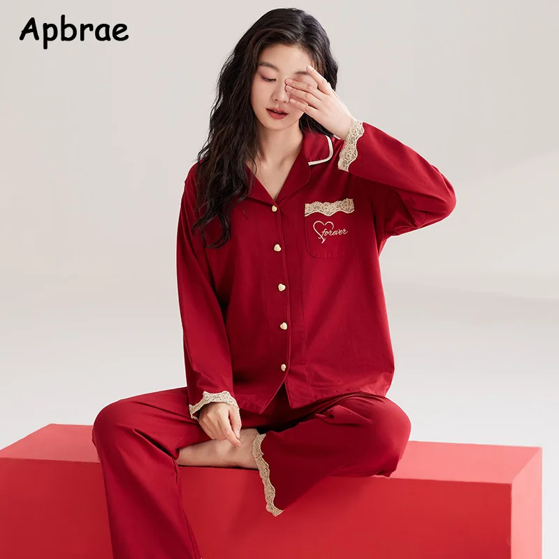 Heart Print Red Pajamas for Women Autumn Winter Long Sleeves Cotton Pijamas Woman Nightwear Lapel Cardigan Sleepwear