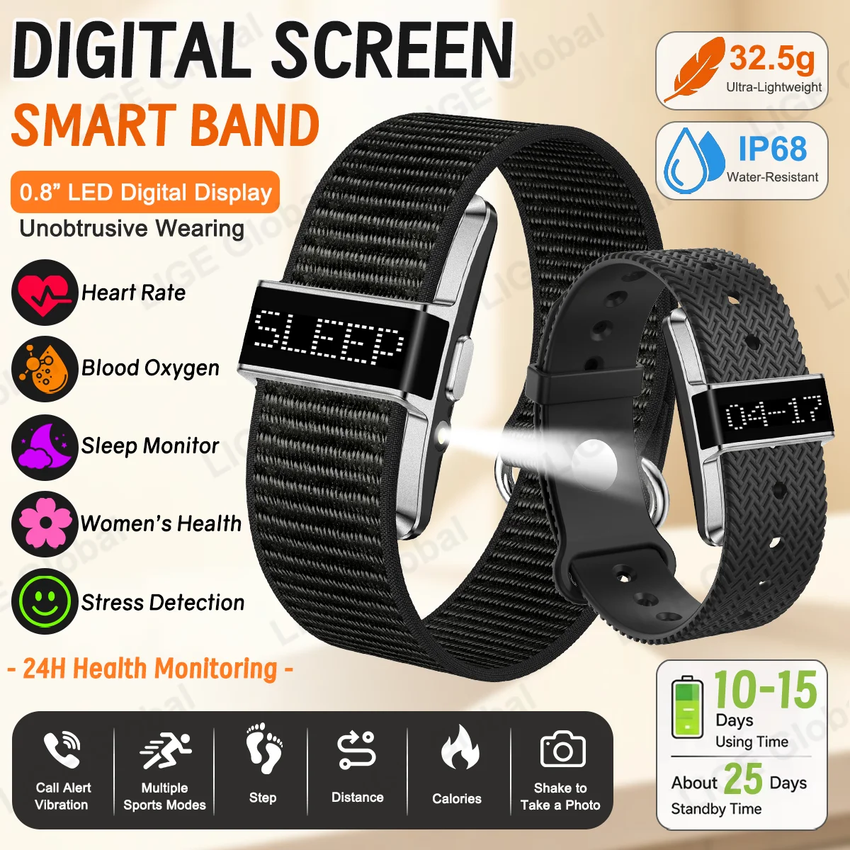 LIGE Sports Tracker Wristband With Flashlight Heart Rate SpO2 Health Monitor Wrist Bracelet Men Women Digital Screen Smart Watch