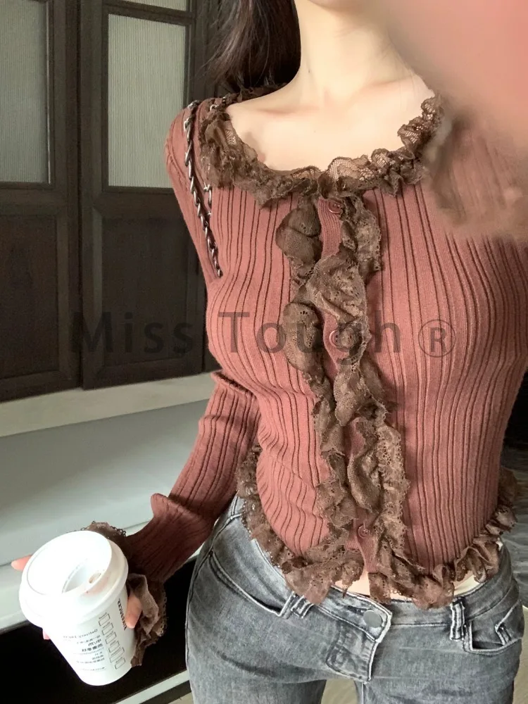 Autumn Lace Kawaii Knitted Pullover Sweater Women Slim Vintage Sweater Tops Female Casual Korean Fashion Designer Swerater 2023