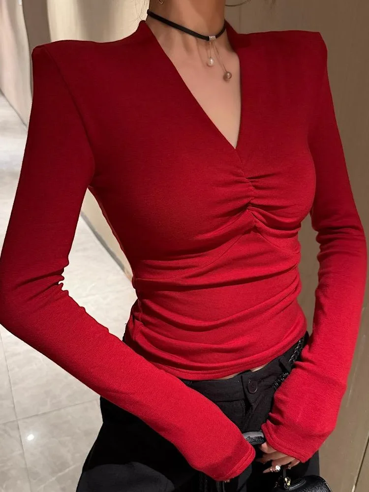 

Fashionable V-neck Long Sleeve T-shirt Women's Autumn Winter New Style Slimming Pleated Base Layer Top Elegant Personality