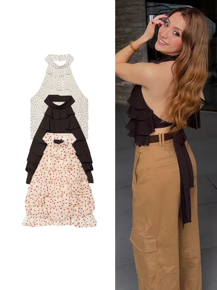 Image of TFMLN Sommer Neue Damen Neckholder-Tops mit Rüschen, gestuft, plissiert, mit Bindeband am Rücken, ärmellos, Streetwear, schick, gepunktet, lässige Damenbekleidung