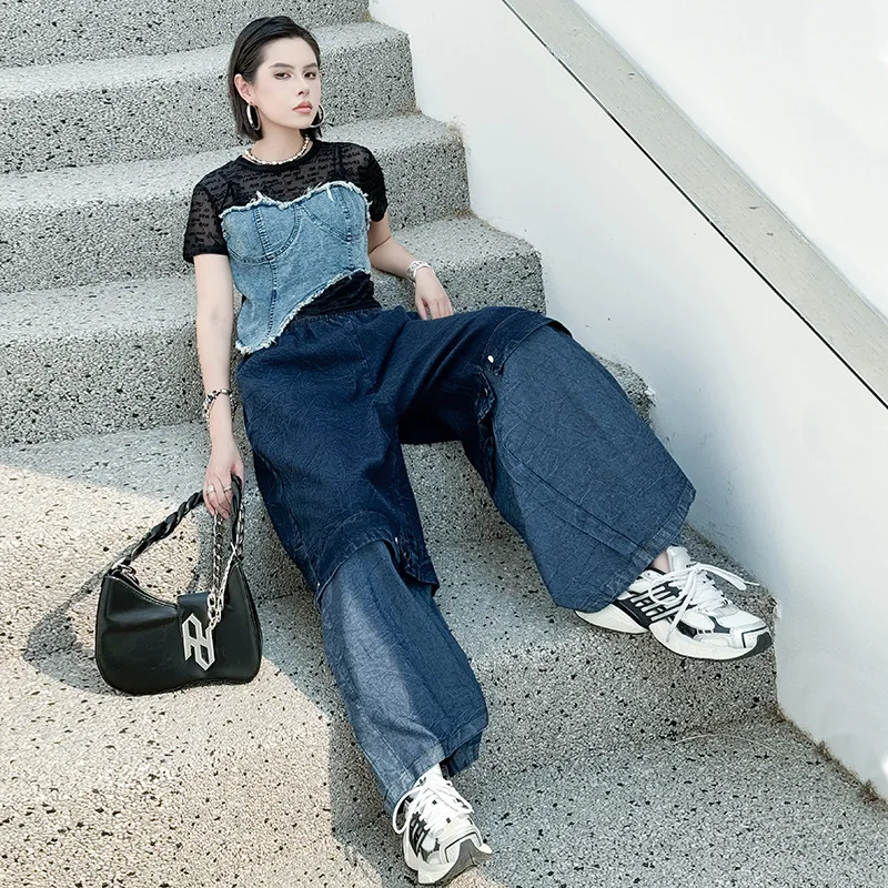

Women Spliced Jeans Denim Trousers Wide Leg Pants Full Lenth High Elstic Waist Loose Y2k Streetwear Casual 2025 Spring Autumn