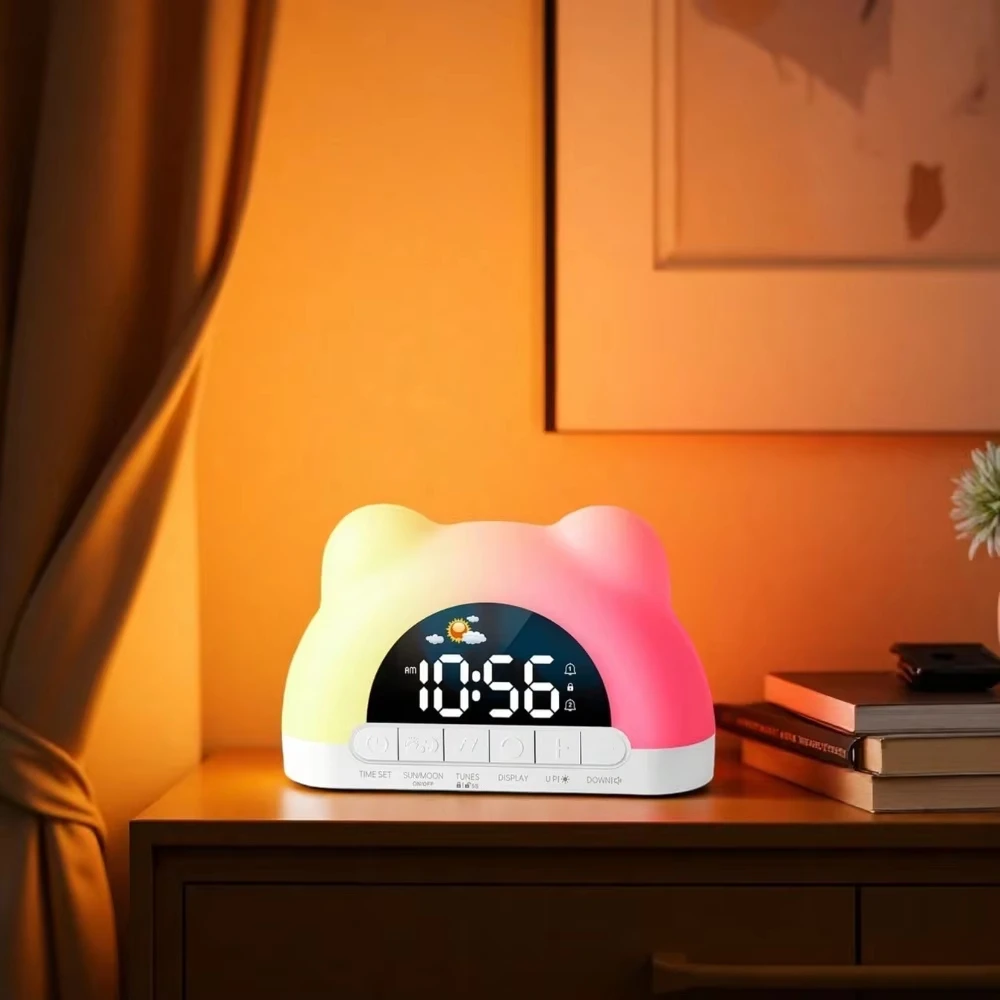 USB Powered Digital Alarm Clock with 11 Colors Ambient Light 2 Alarm Night Mode 12/24H USB Output Charging Port Table LED Clock