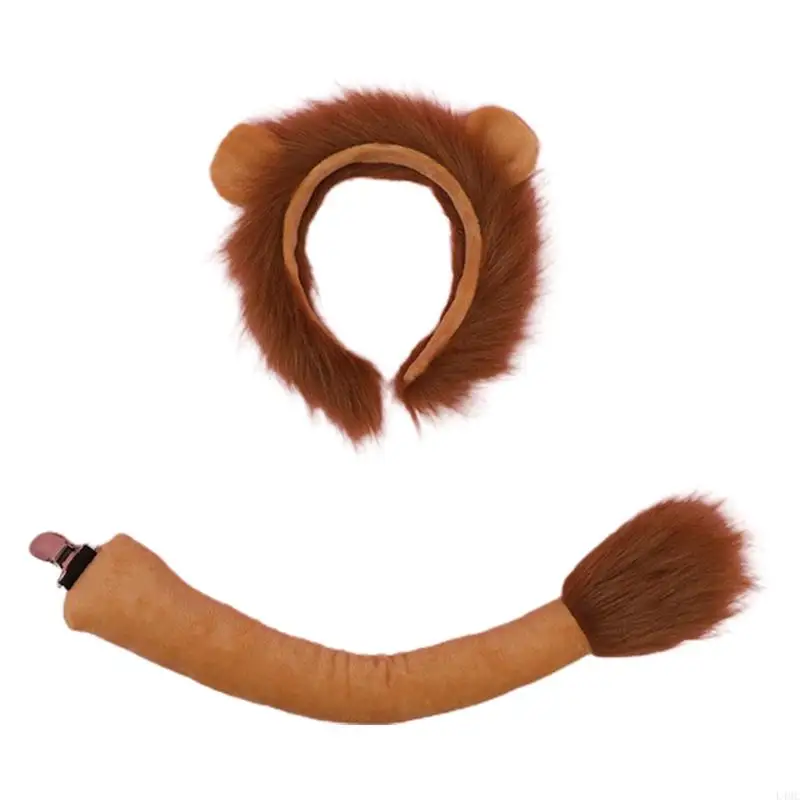 

Plush Animal Lion Ears Headdress Headwear Long Tail Furry Hair Hoop L4MC