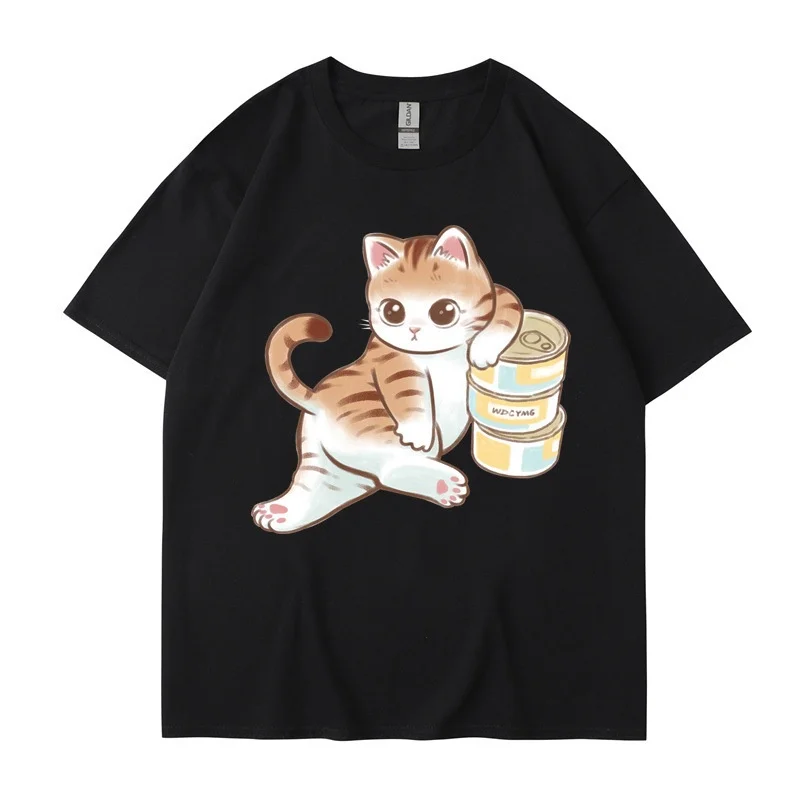 夏天남녀 커플 만화 고양이 프린트 라운드 넥 상의, 캐주얼 통기성 티셔츠, 하라주쿠 스타일 반팔 티셔츠