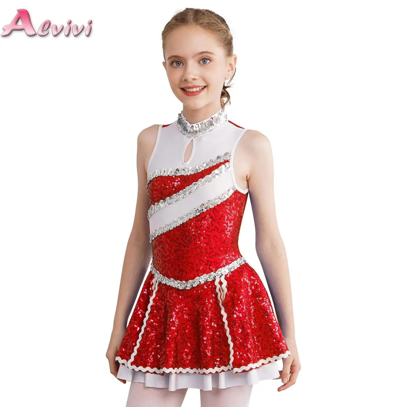 

Kids Girls Cheerleading Performance Costume Schoolgirls Shiny Sequin Jazz Figure Skating Dance Gymnastic Leotard Dress Dancewear