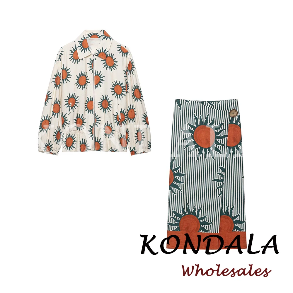 Conjunto Femenino KONDALA con Estampado Chic para Otoño, Chaqueta de Piloto con Cremallera + Falda Larga Vintage, Elegante Moda Festiva 2026, Ropa Urbana