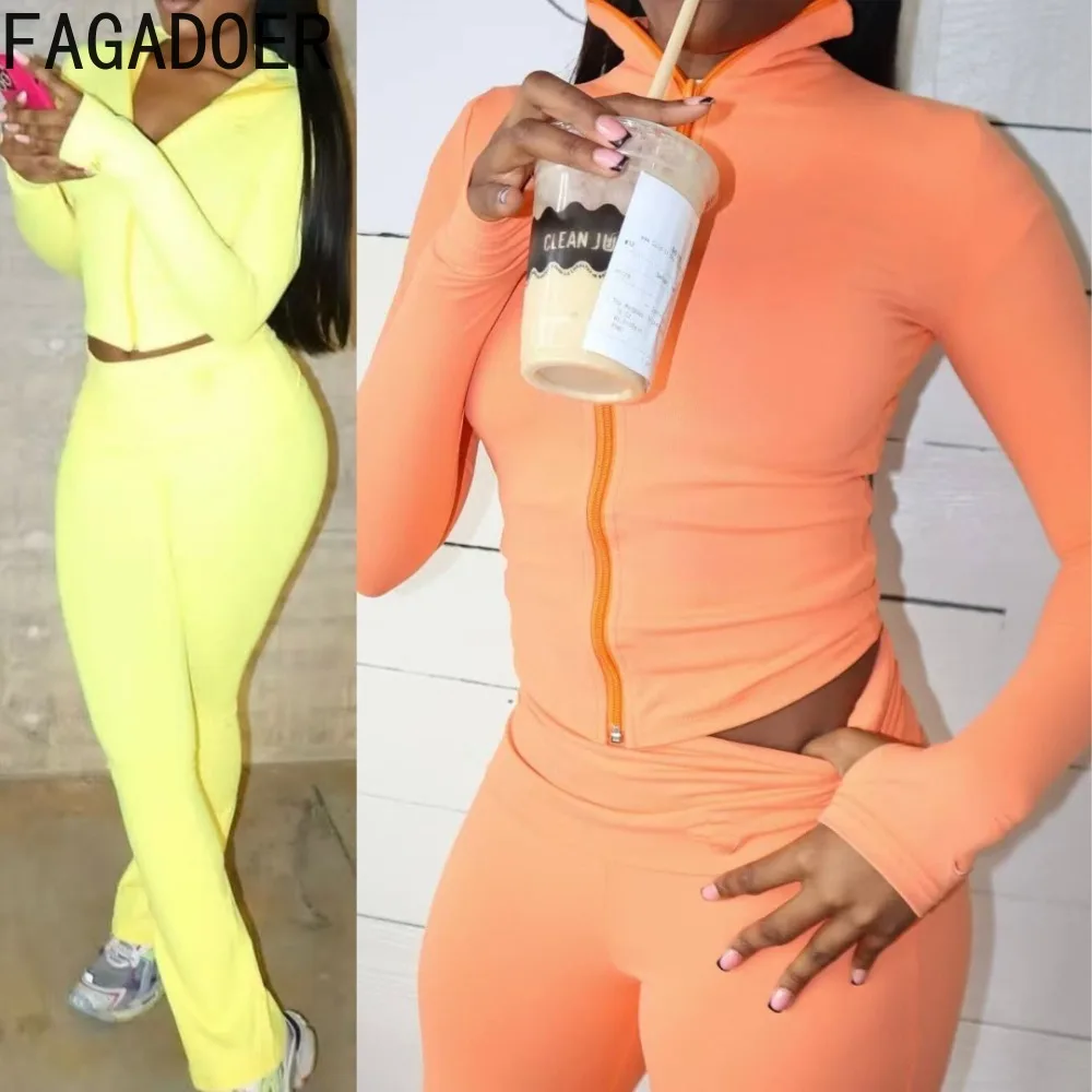 

FAGADOER Autumn Fashion Sports Woman 2 Piece Set Outfit Solid Color Long Sleeves Crop Top + Pants Midnight Female Streetwear