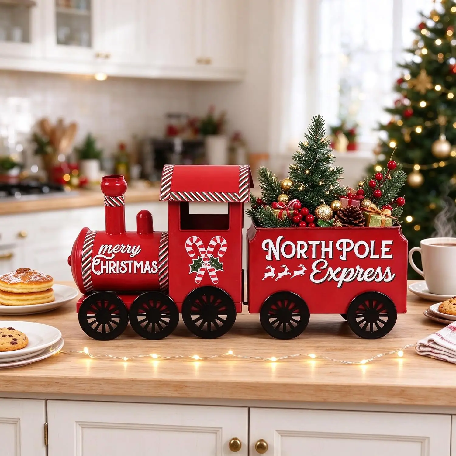 Christmas Metal Train Planter Decoration, Festive Holiday Xmas Train-Shaped Holder for Small Plants, Ornaments and Candies, Multipurpose Seasonal Display for Home, Mantel and Tabletop