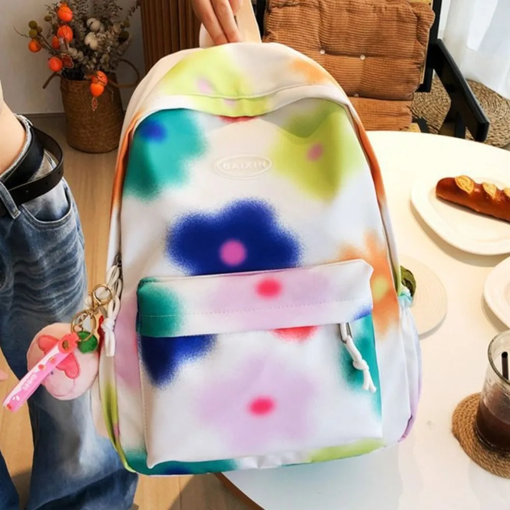 Large Capacity Flower Backpack Korean Style with Pendant Tie-dye Shoulder Bag Creative Graffiti Colorfu Floal School Bag Kids