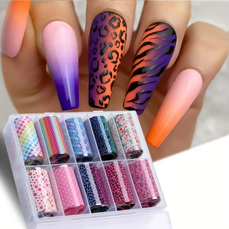 10Pcs Boxed Nail Art Marble Pattern Starry Sky Paper Leopard Print Colorful Laser Starry Sky Paper Black and White Checkered Snake Pattern Art Nail Foil Transfer Stickers
