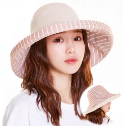 Women's Four Seasons Double Sided Fisherman Bucket Bowl Hat Sun Shaded Large brim Stripe Fashion Hat Panama Cap H15