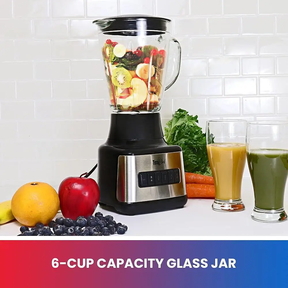 Powerful Countertop Blender 6 Cup Glass Jar 6 Speed Settings Quad Stainless Steel Blades Ice Crushing Smoothie Maker Auto Clean