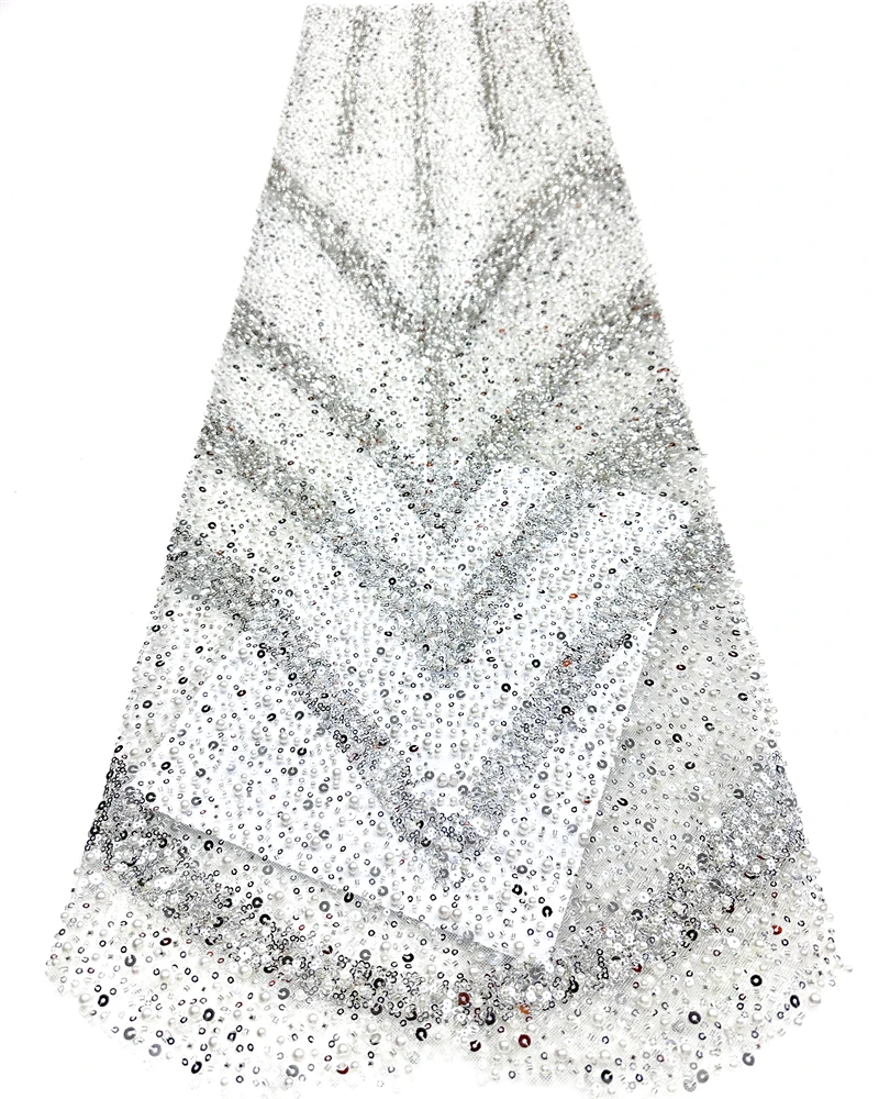 

African French Sequined Lace Fabrics High Quality Tulle Lace Nigerian Beaded Embroidered Dress Material For Party Wedding
