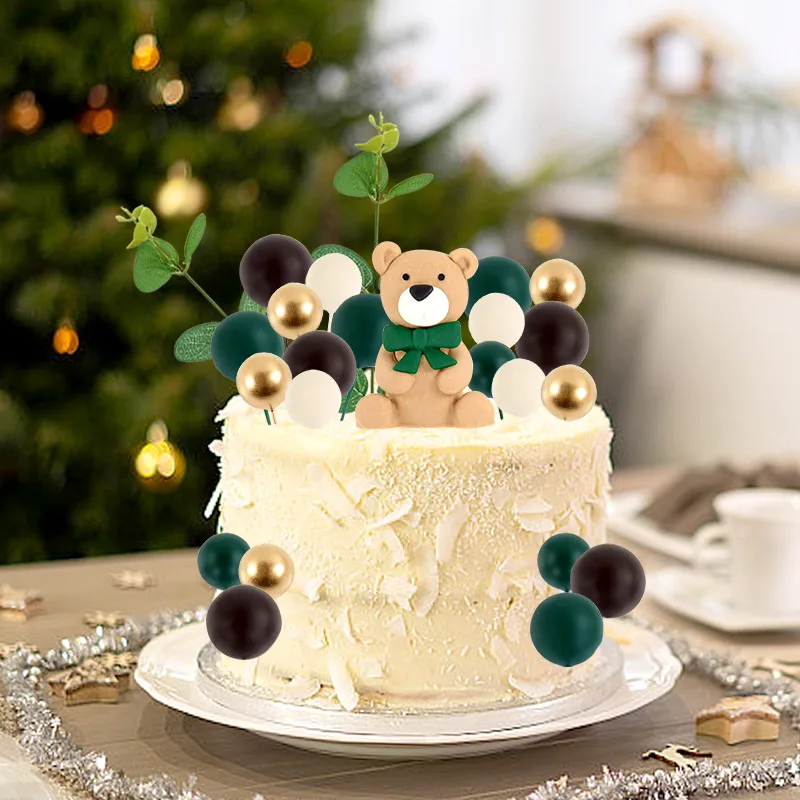 

28pcs/set Green Cartoon Bear Cake Decor Supplies Baby Shower Birthday Party DIY Cake Topper Simulation Leaf Balloon Accessories