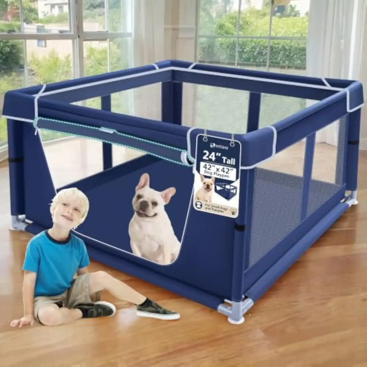42x42x25.6 Inch Portable Pet Enclosure with Roll-Up Gate, Breathable Nylon Mesh & Reinforced 600D Oxford Fabric, Tool-Free Modul