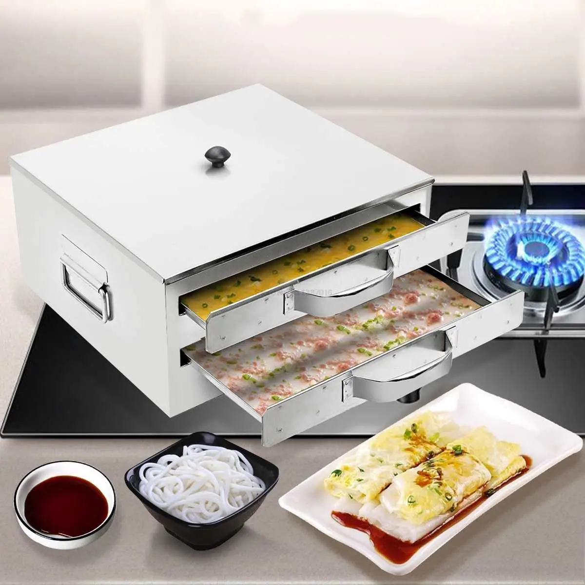 DIY Steamed Vermicelli Rice Roll Cooking Tray Steamer Drawer Boilers Stainless Steel Kitchen Fast Making Food Machine