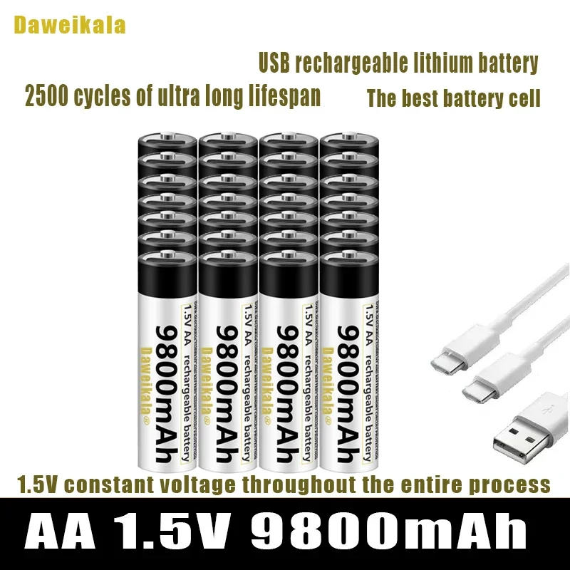 High capacity 1.5V AA 9800 mWh USB rechargeable li-ion battery for remote control mouse small fan Electric toy battery + Cable