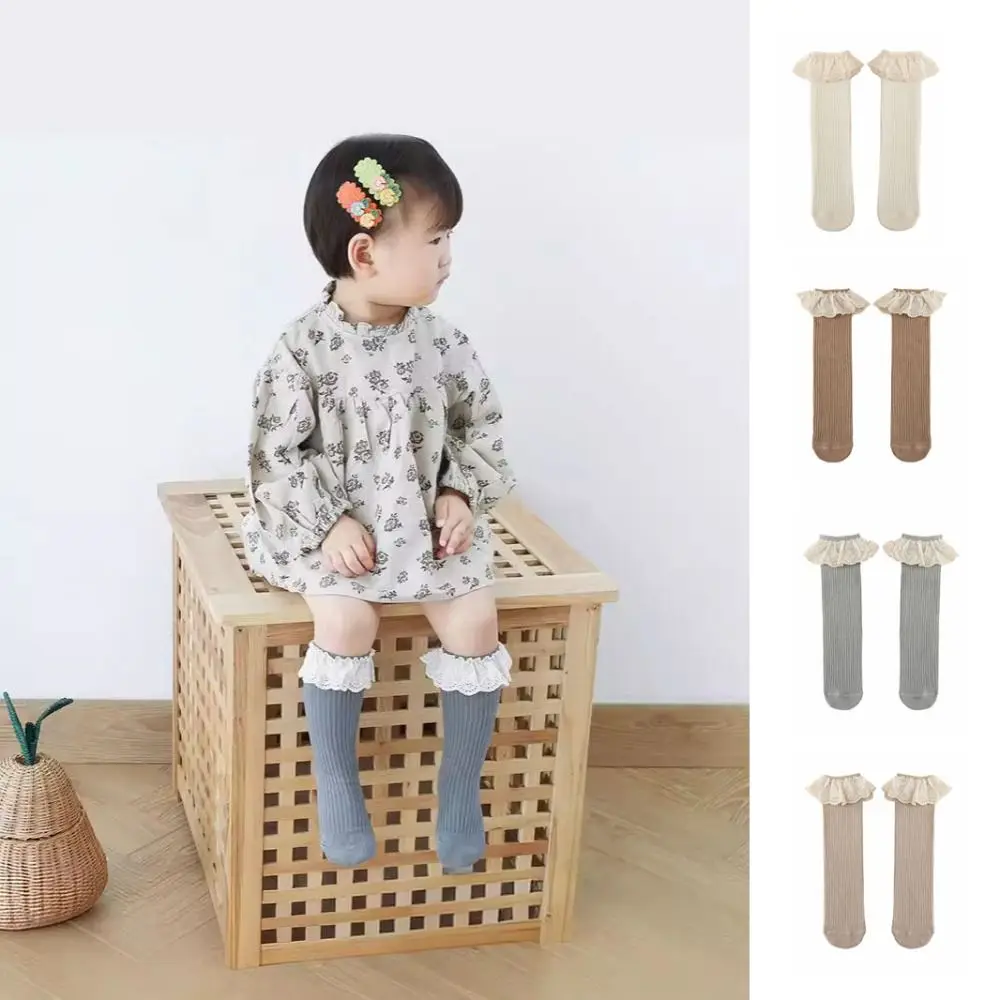 5Pairs Ruffled Edge Baby Calf Socks Baby Long Tube Stripe Infant Cotton Stockings Toddle Lace Trim Cartoon Above Knee Socks