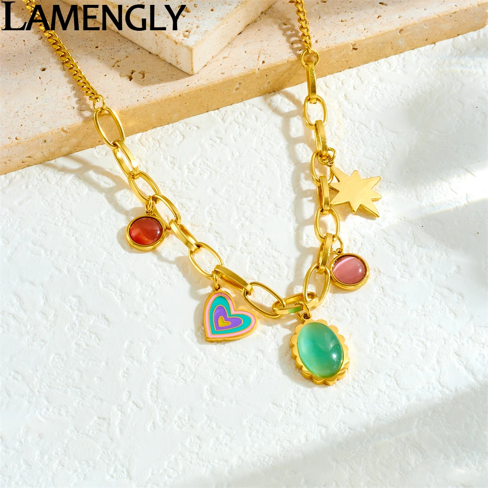 LAMENGLY 316L Stainless Steel Colorful Opal Heart Star Pendant Necklace For Women Elliptical Green Stone Glamorous Neck Chain