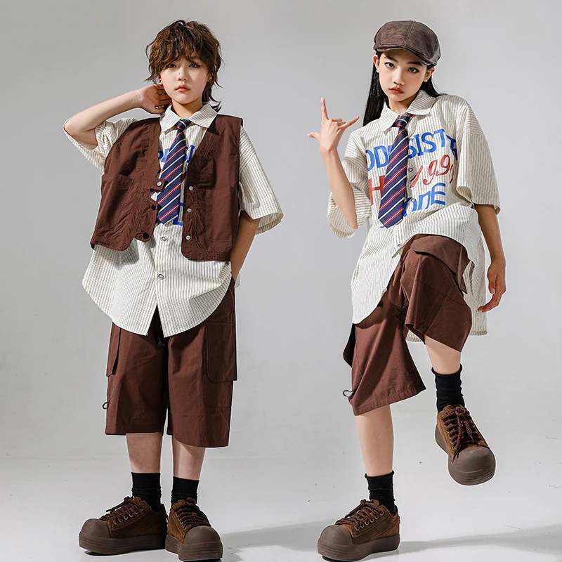 

2025 Boys Loose T-Shirt Brown Vest Shorts Outfits For Girls Group Jazz Dance Costumes Fashion Hip Hop Dance Clothing DQS19579