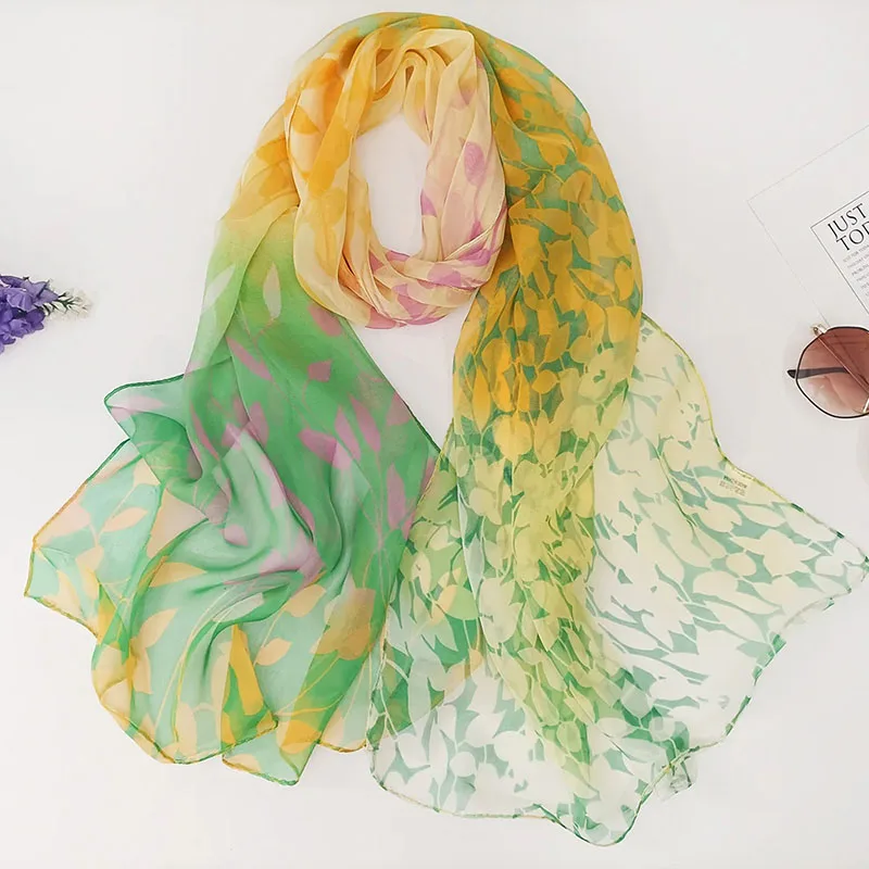 Mode Gradiënt Wilgenbladeren Bedrukt Hijab Chiffon Georgette Bandana Sjaal Voor Vrouw Elegante Strand Lange Sjaal Dames Hoofddoek