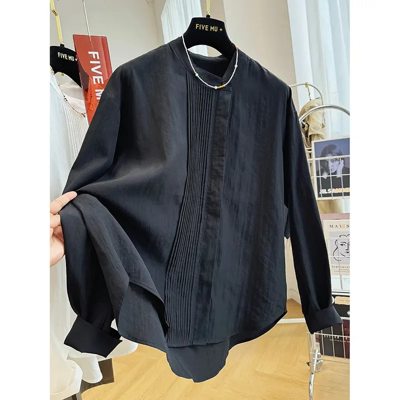 Chemise froissée à manches longues et col rond pour femme, haut français fin et Chic, début d'automne