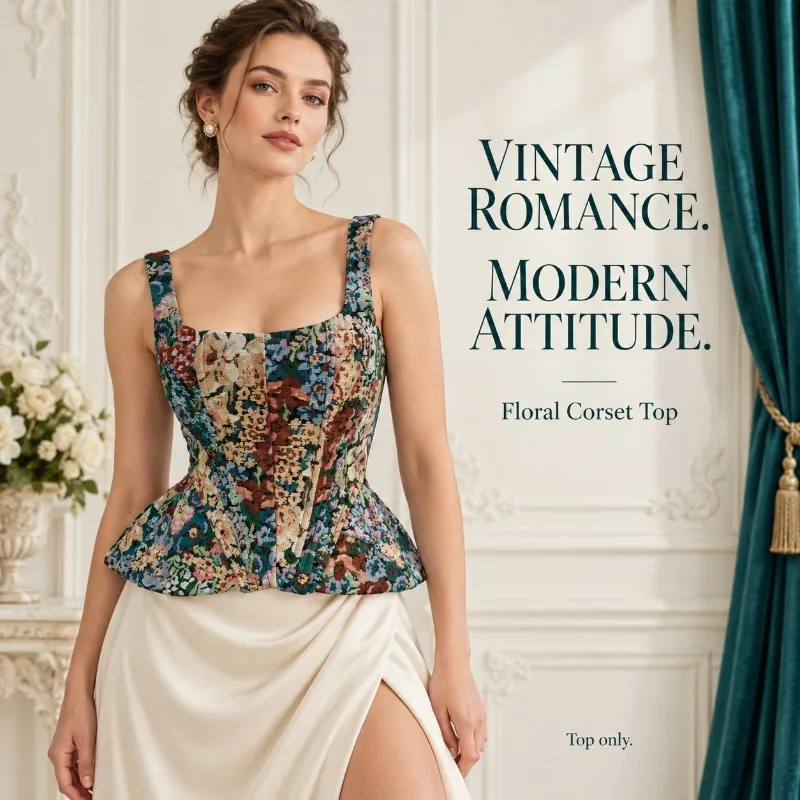 Women Vintage Floral Corset Top Square Neck Sleeveless Fitted Peplum Camisole Back Zip Retro Party Going Out Top