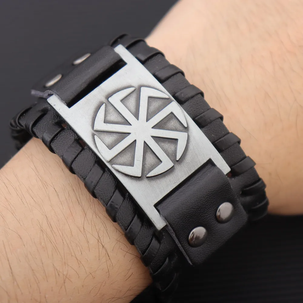 Trendy Charm Wide Leather Bracelet Nordic Viking Rune Men\'s Bracelet Punk Leather Woven Hip Hop Accessories Party Jewelry Gift