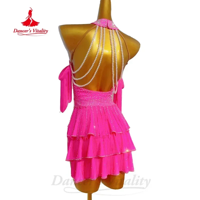 Latin Dance Tango Samba Rumba Performance Costume Women's Customized Exquisite Pearl Tassel Dress Children's Competition Dresses