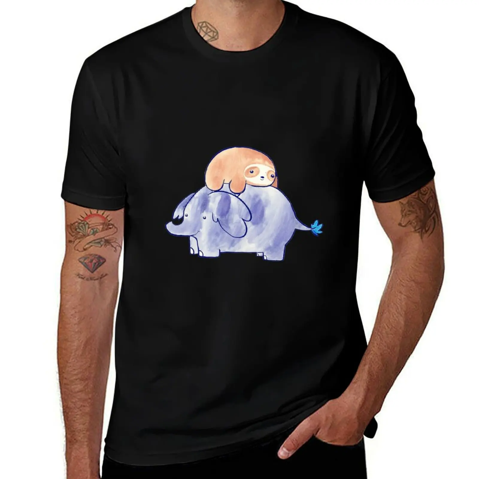 Little Sloth and Elephant Watercolor T-Shirt Regular Fit Plain Tee Shirt