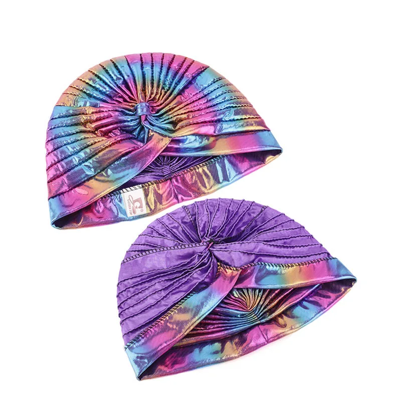 Colorful New Women Laser Silky Ruffle Metallic Turban Hair Cover Accessories Wave Caps Bonnet Salon Hat Turban Headwrap