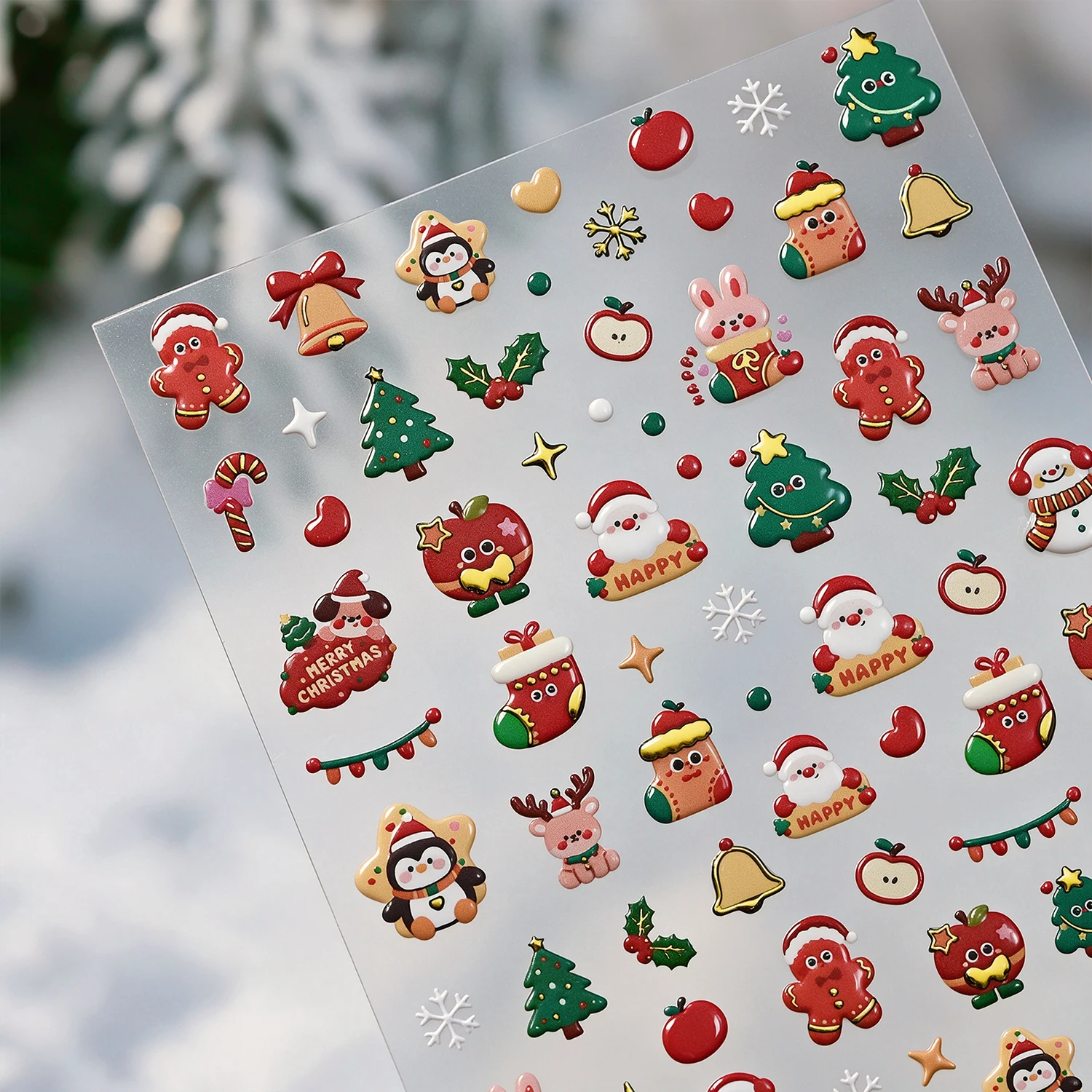 1Pc Christmas Apple 5D Embossed Nail Art Cute Cartoon Snowman Tree Reindeer Sock Nail Decals DIY New Year Holiday Manicure Decor