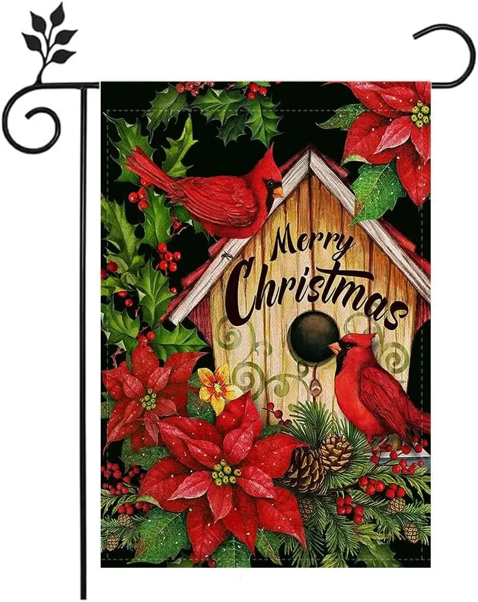 Merry Christmas Red Bird Garden Flag 12x18 inch, Bird House Home Outdoor Yard Lawn Garden Flag Decoration -A