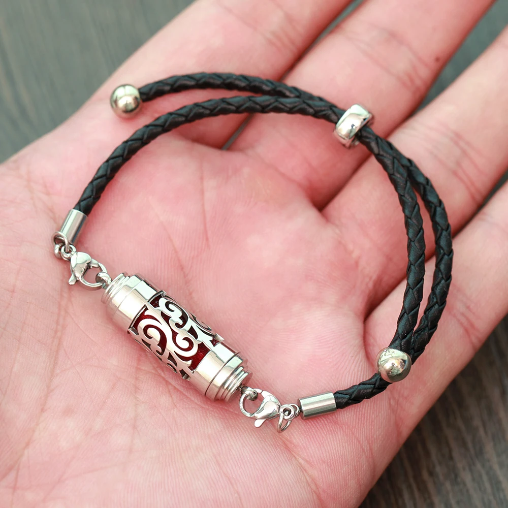 Black Leather Aromatherapy Bracelet Stainless Steel Locket Essential Oil Diffuser Bracelet Leather Charm Bracelets Aroma Jewelry
