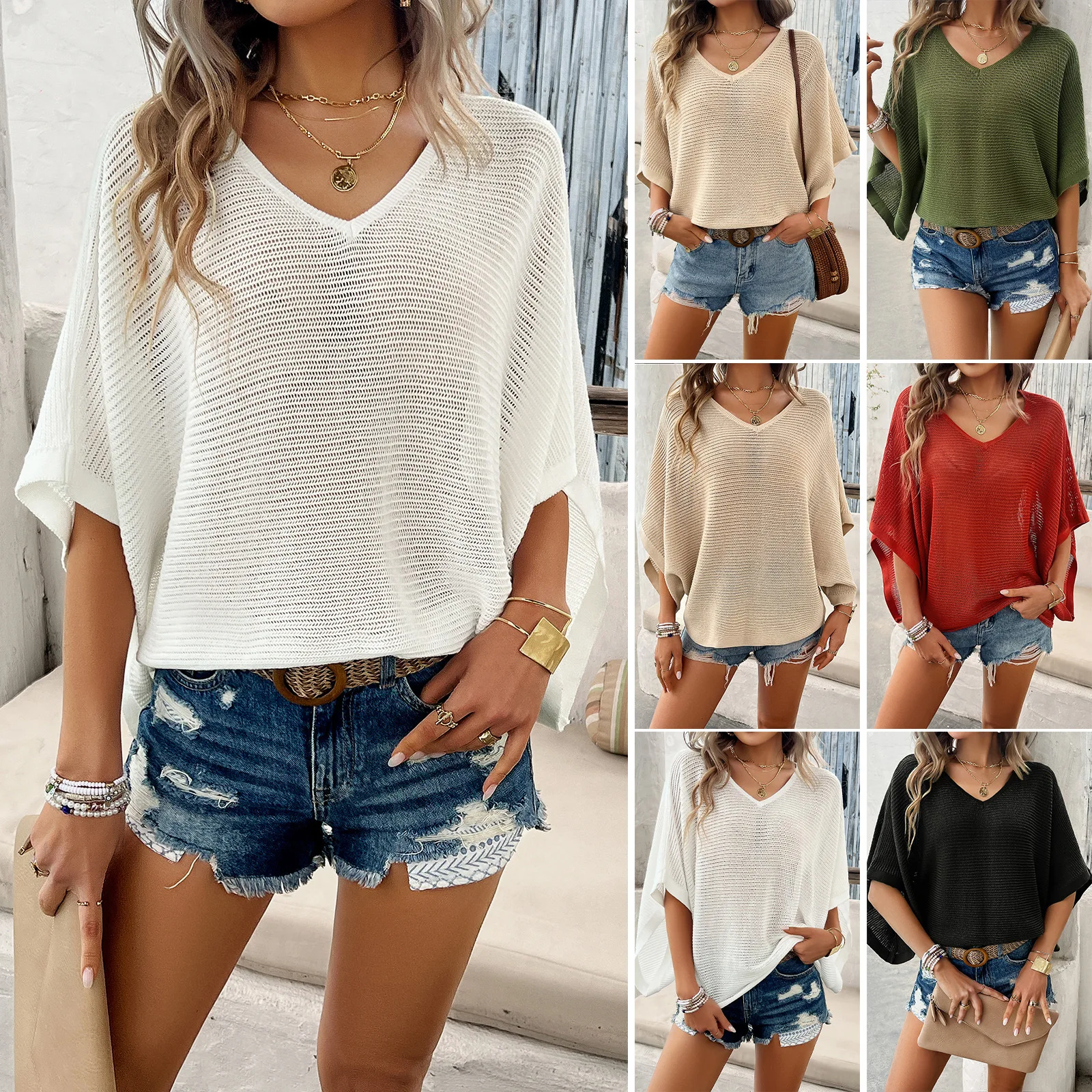 Solid Hollow-out Women T Shirt Elegant Tops V-neck Short-sleeved Shirt 2024 Spring Summer Tees Casual Loose Thin Sweater