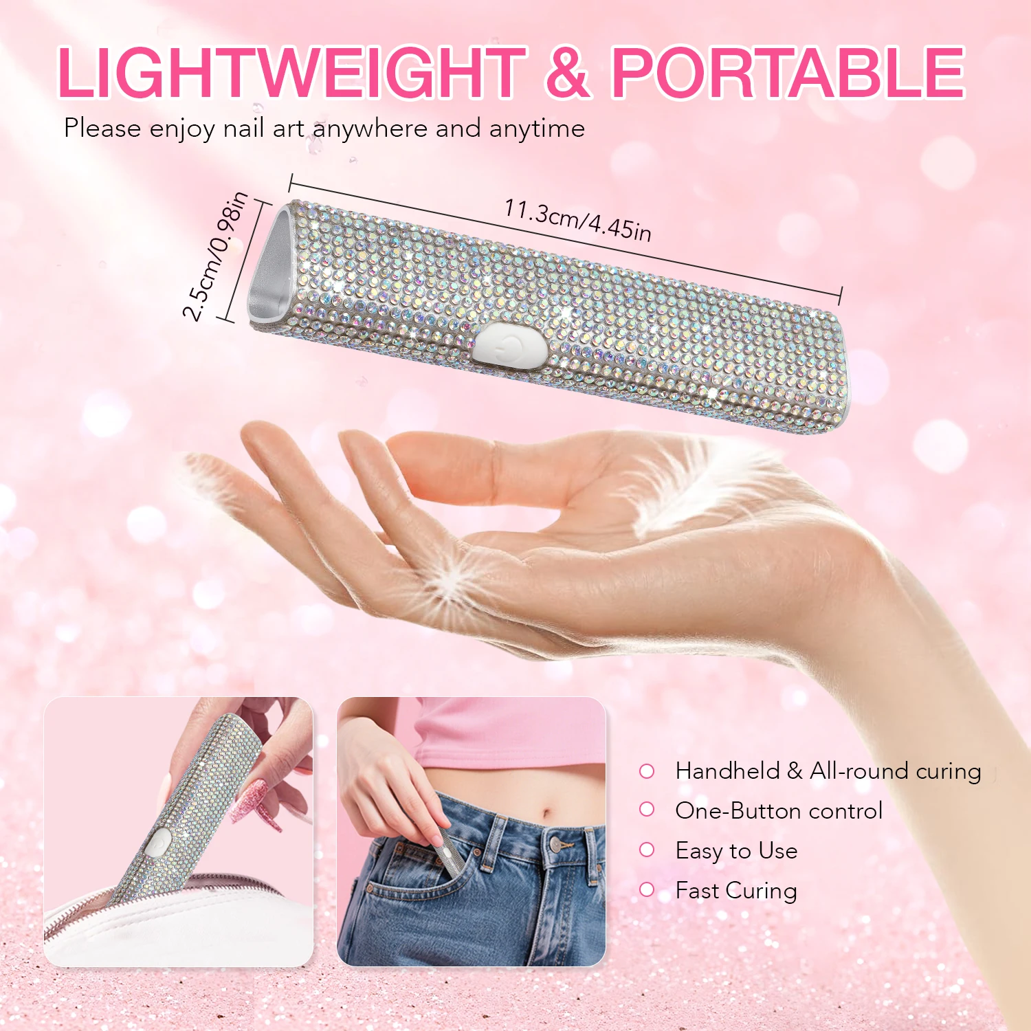 Mini Handheld UV LED-nagellamp Draagbare gel-nagellakdroger met diamantdecoratie 2 timerinstellingen Snel voor thuisreizen