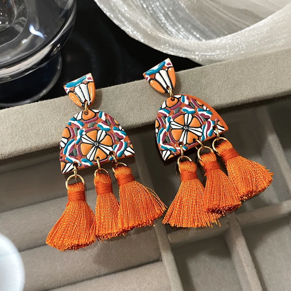 

AENSOA Bohemian Abstract Pattern Tassel Drop Earrings for Women Green Orange Geometric Acrylic Hanging Earrings Party Jewelry