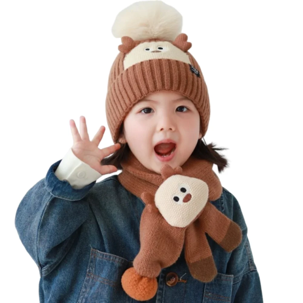 2Pcs Kawaii Children Hat Scarf Set Thickened Coldproof Knitted Beanies Hat Windproof Comfortable Cartoon Warm Scarf