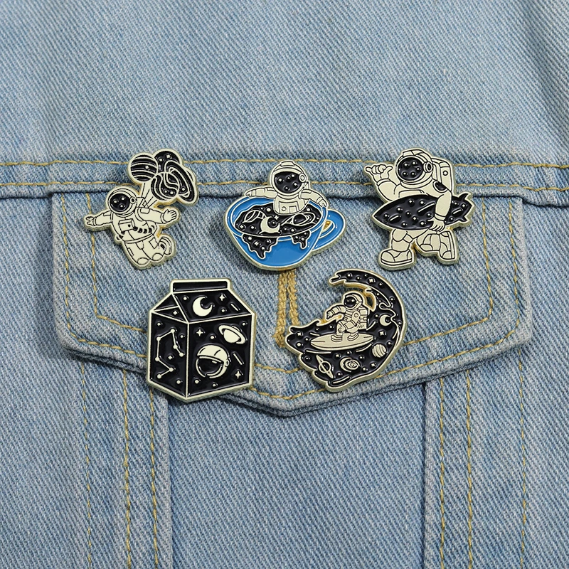 Cute Astronaut Enamel Pins Custom Space Whale Rocket Skateboard Night Moon Brooches Lapel Badges Punk Jewelry Gift for Friend