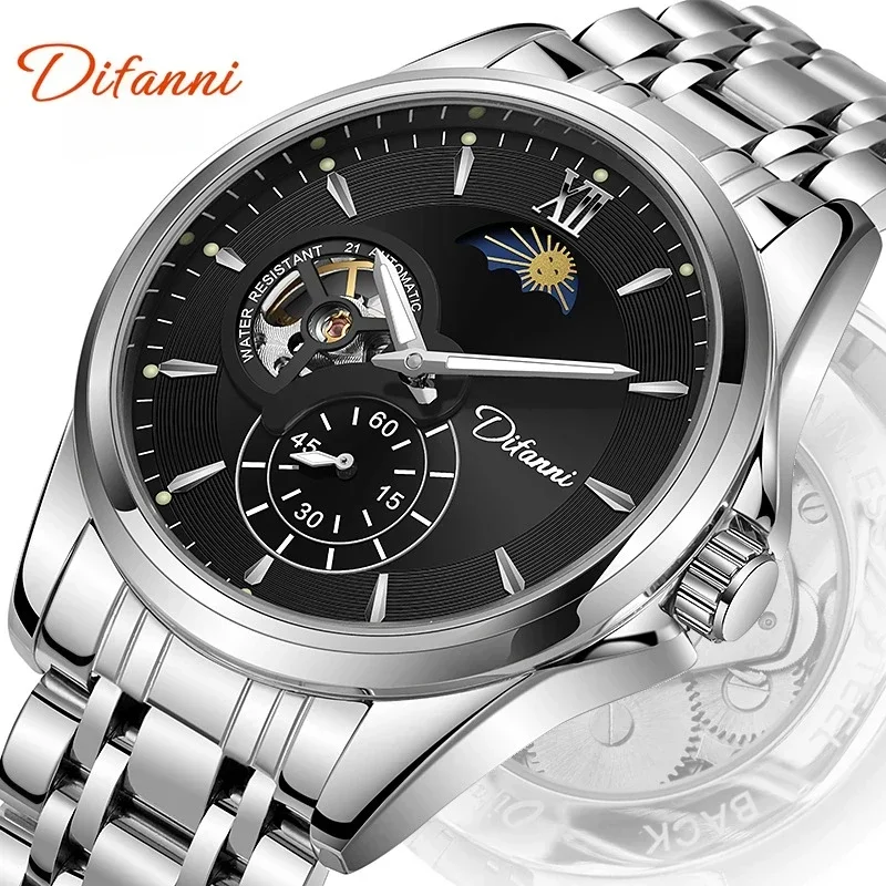 

Round Tourbillon Hollow-out Automatic Mechanical Watch Men's Waterproof Luminous Moon Phase Display Man Sports Watch