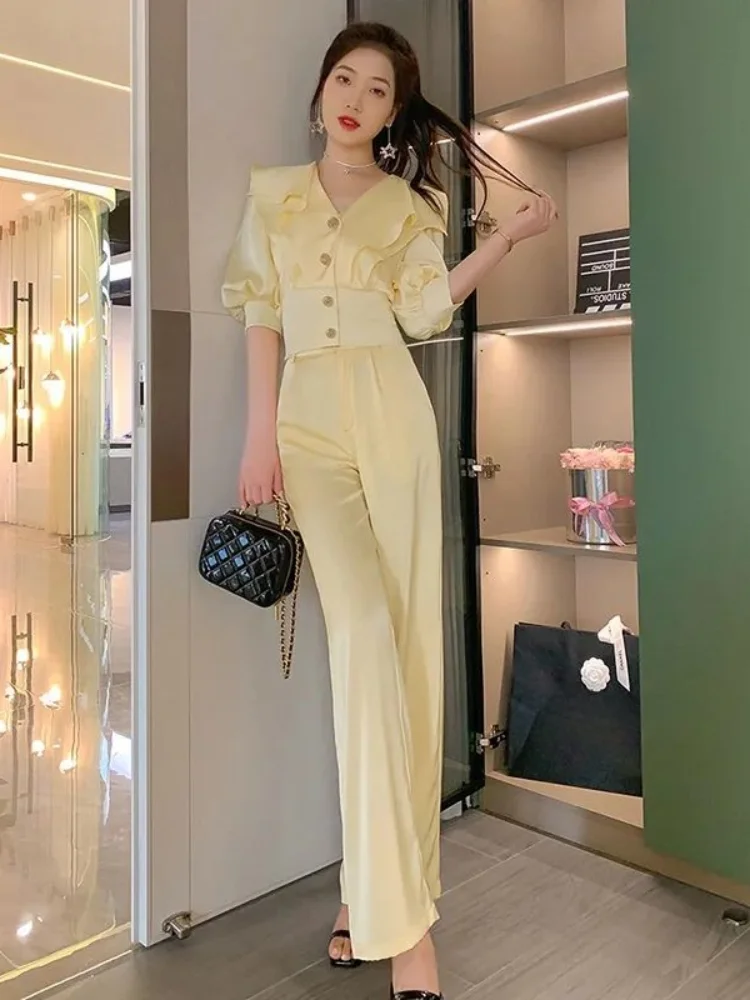 Wide Leg Trousers Woman Professional Shirt Office Spring Autumn Blouse and Pant Sets for Women 2 Pieces Wear To Work with Sleeve