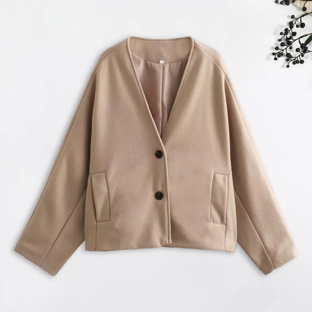 Women Woolen Jacket V-neck Jacket Stylish Mid-length Woolen Coat with V-neck Pockets Double Button Closure for Women for Fall