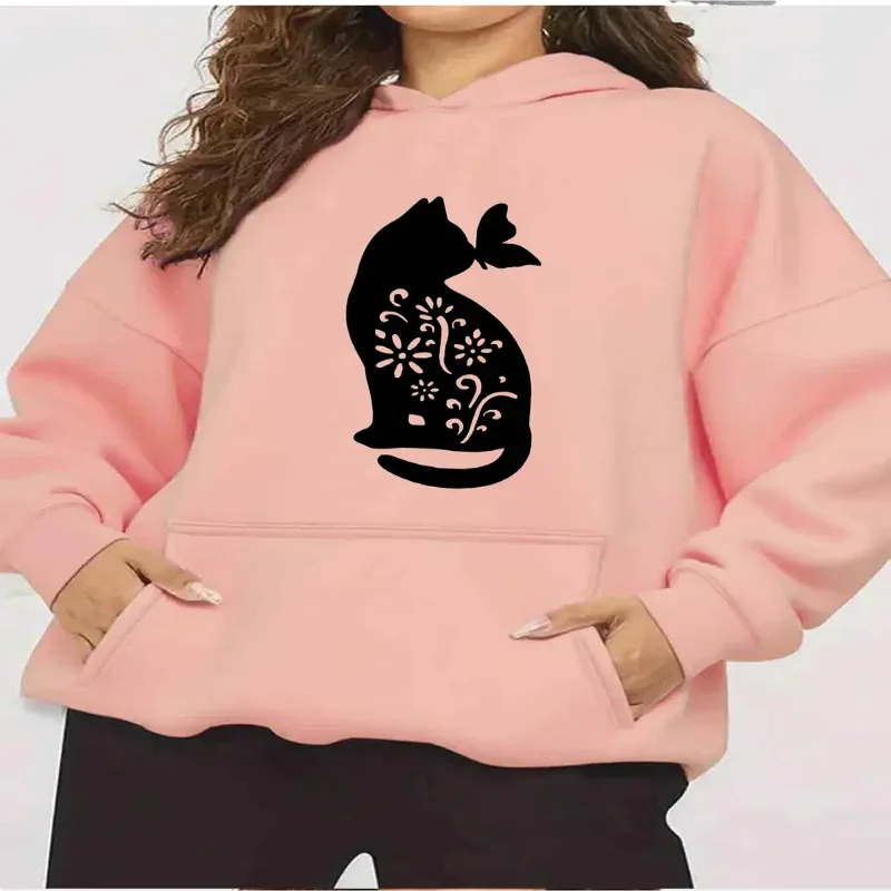 Womens Soft Hooded Sweatshirt Butterfly Cat Silhouette Floral Print Casual Pullover Pocket Autumn Winter Season Machine Wash