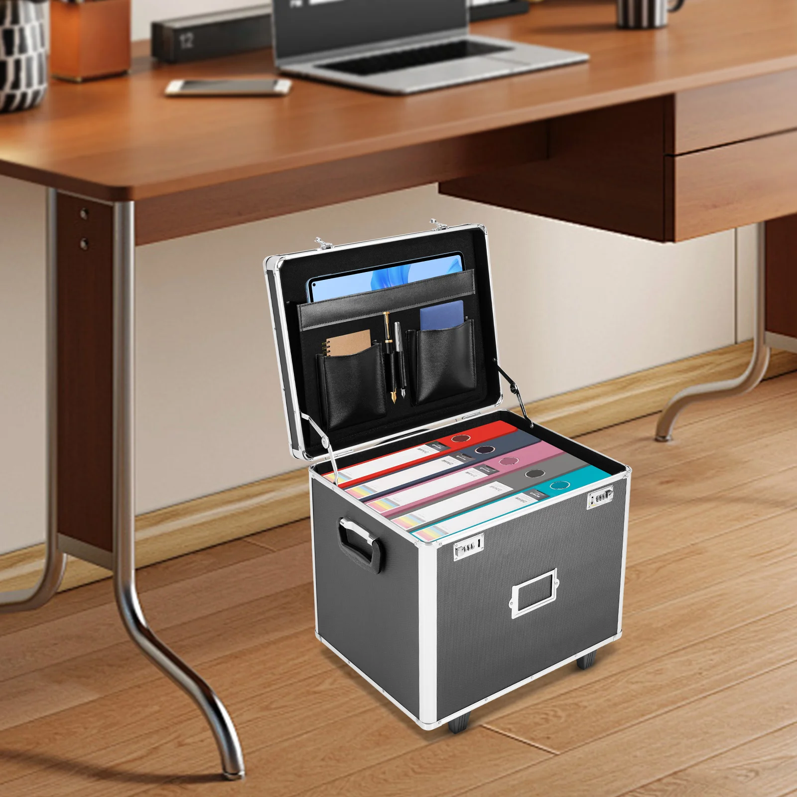 Caixa organizadora de arquivos flexível e portátil - 2 rodas direcionais + alça telescópica dobrável de 31 polegadas permite movimento sem esforço