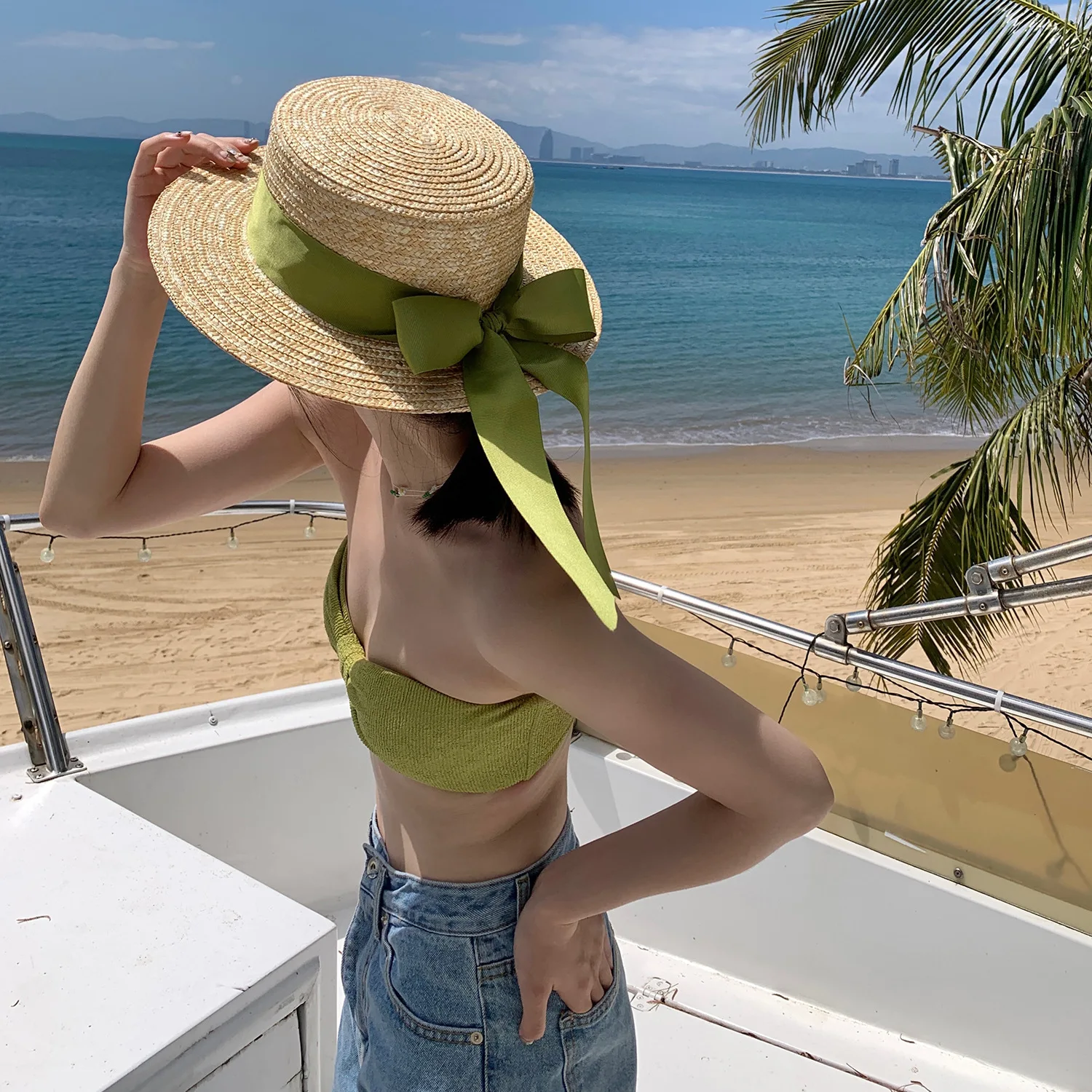 

New flat top straw hat women's summer straw woven sun hat cover face sunscreen beach beach sun hat women